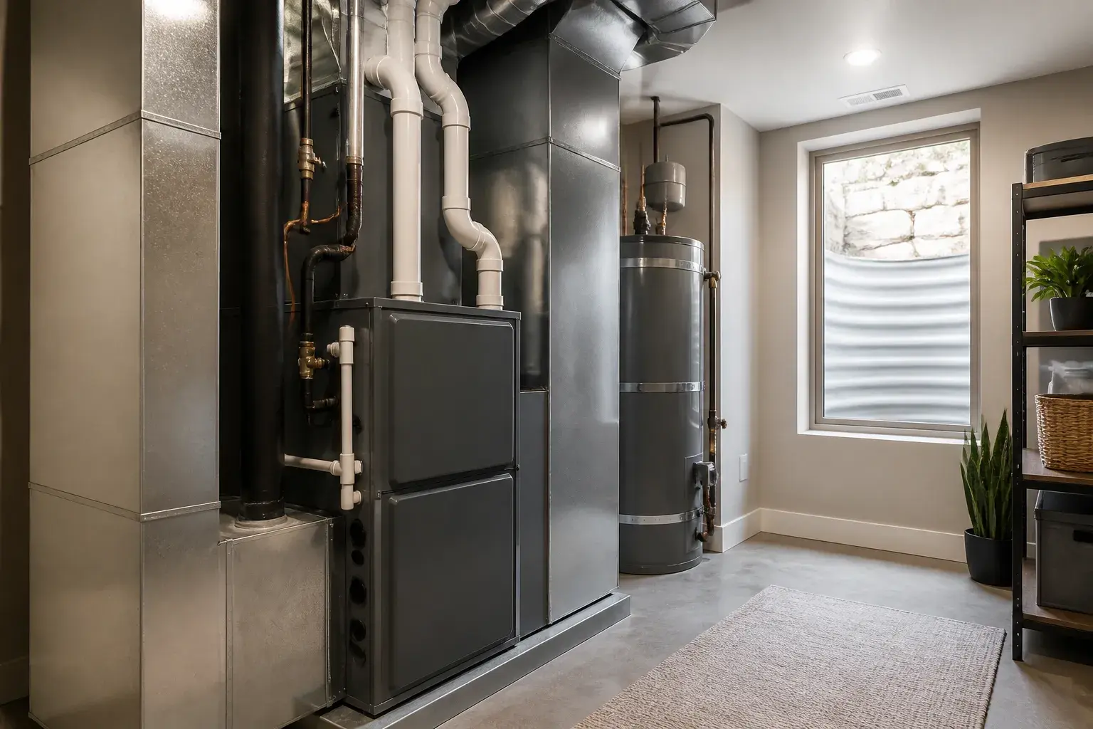 Finished HVAC system in a clean home utility room