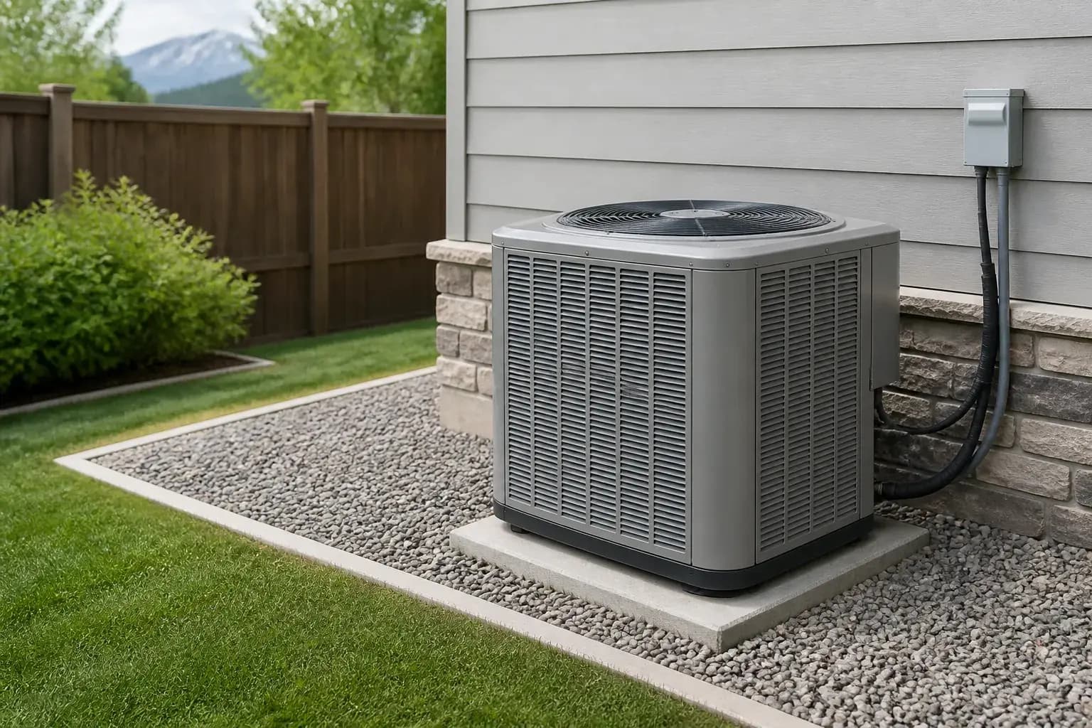 Clean repaired AC condenser outside a home