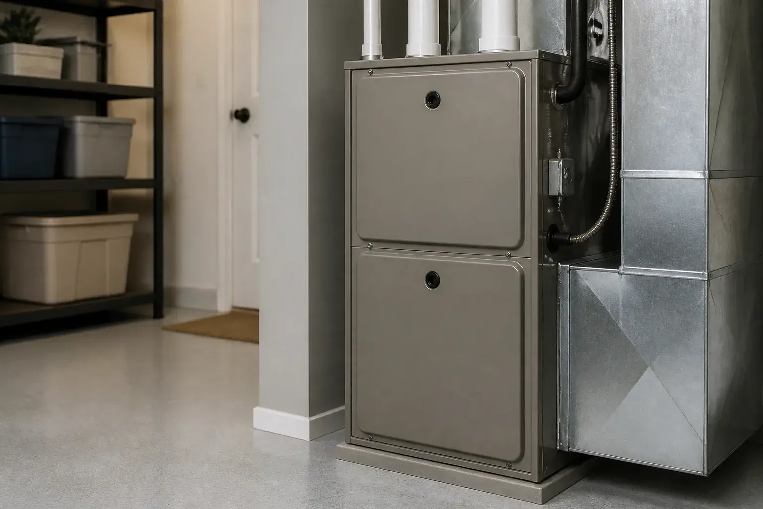 Finished furnace repair in a clean utility room